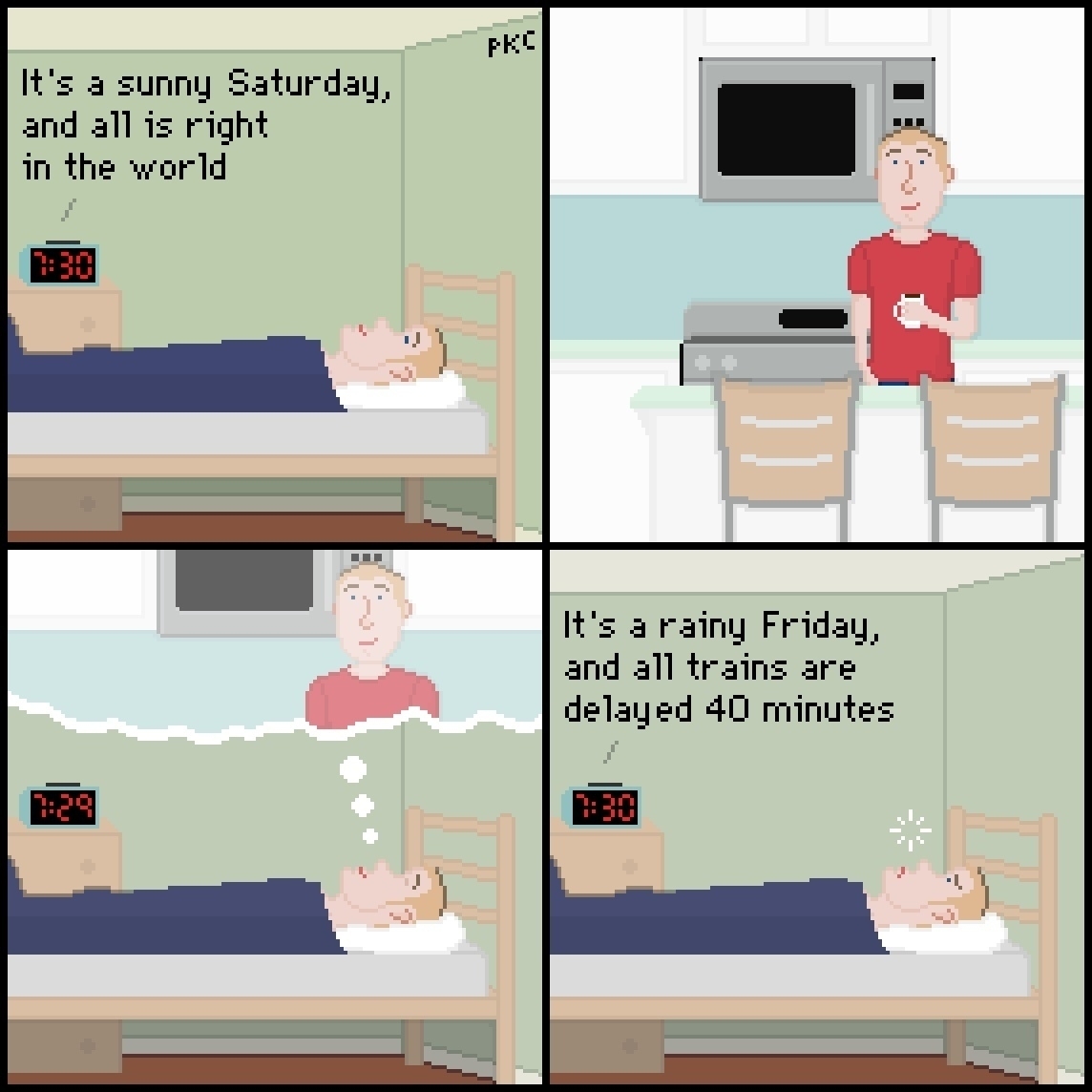 Panel 1: man is smiling in bed while alarm clock ringing at 7:30 says “it’s a sunny Saturday and all is right in the world. Panel 2: man is enjoying a morning cup of coffee in the kitchen. Panel 3: man is sleeping in bed smiling, dreaming of that morning coffee. The clock says 7:29. Panel 4: man is scowling in bed while alarm clock ringing at 7:30 says “it’s a rainy Friday and all trains are delayed 40 minutes.”