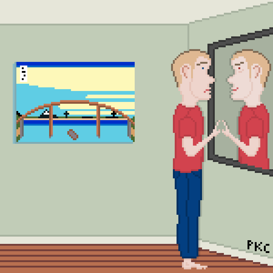 man looking into a mirror with a sad expression. the reflection is smiling maliciously